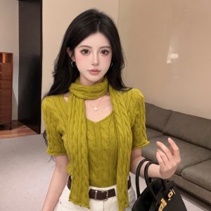 Women's Halter V-Neck Ribbed Knit Top with Sash Tie