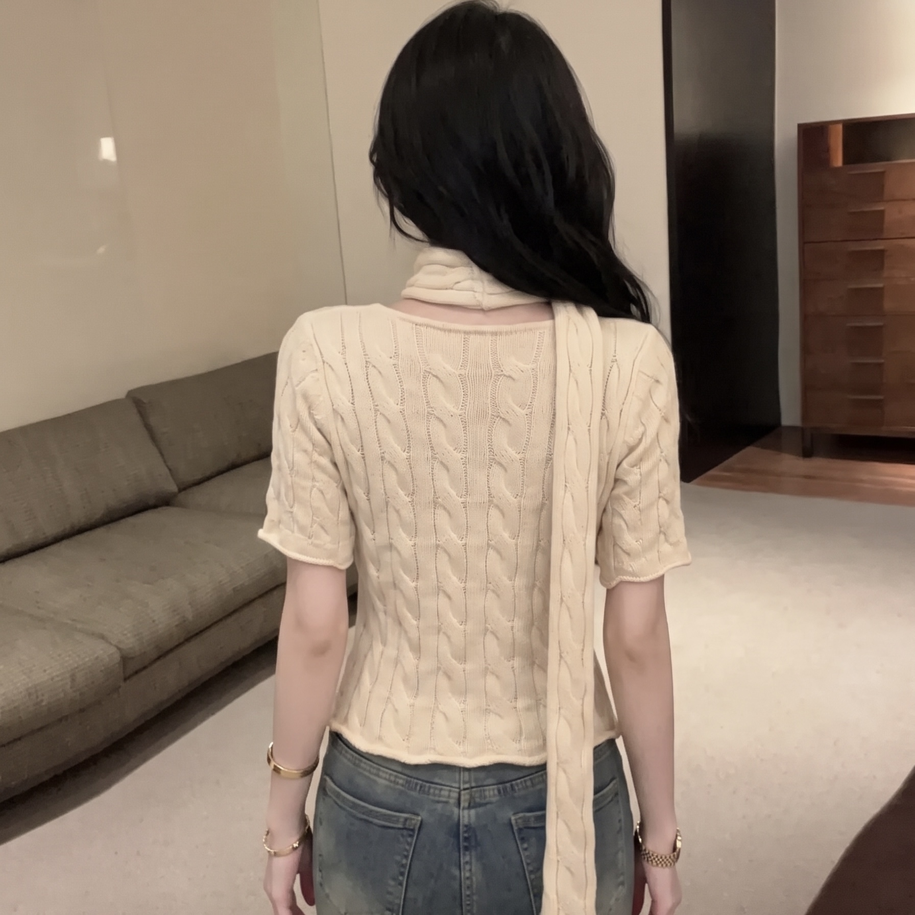 Women's Halter V-Neck Ribbed Knit Top with Sash Tie - Image 5