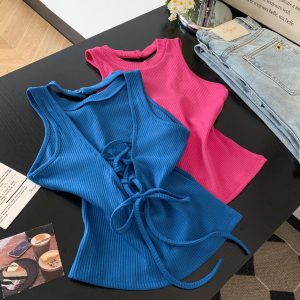 Women's Lace Patchwork Strappy Open Back Camisole Tank Top Summer Slim Fit Solid Color