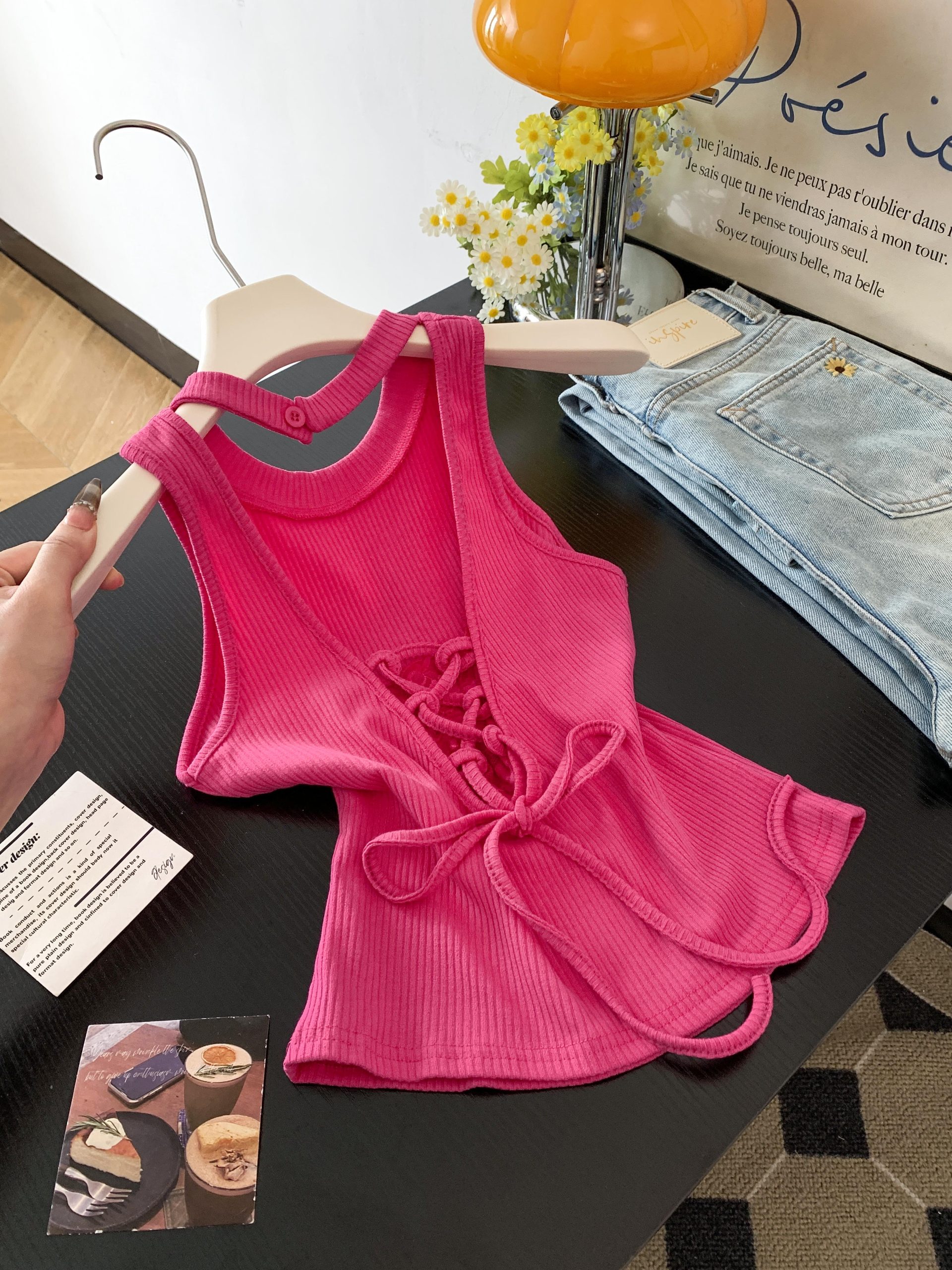 Women's Lace Patchwork Strappy Open Back Camisole Tank Top Summer Slim Fit Solid Color - Image 4