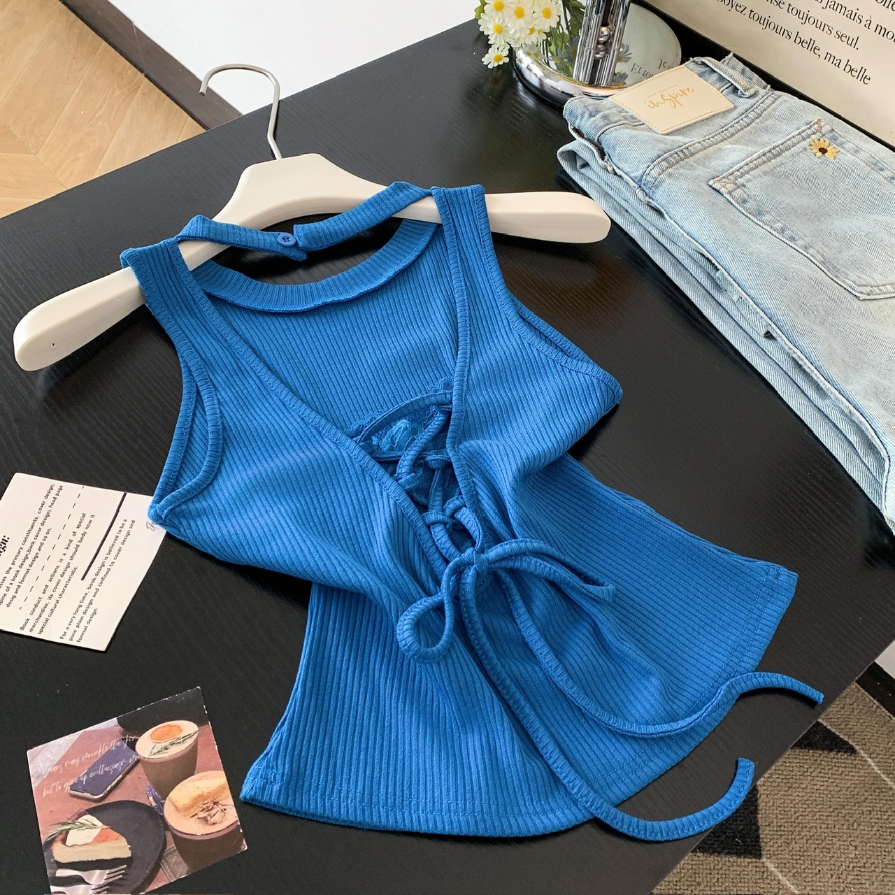 Women's Lace Patchwork Strappy Open Back Camisole Tank Top Summer Slim Fit Solid Color - Image 5