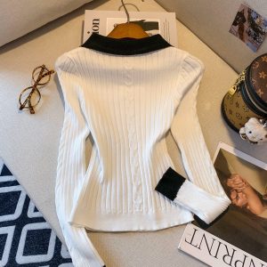 Women's Letter Embroidered Color Block Knit Pullover Sweater