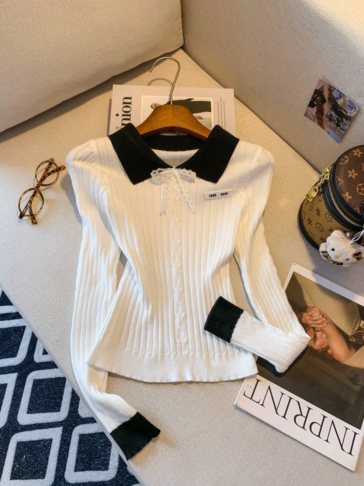 Women's Letter Embroidered Color Block Knit Pullover Sweater - Image 2