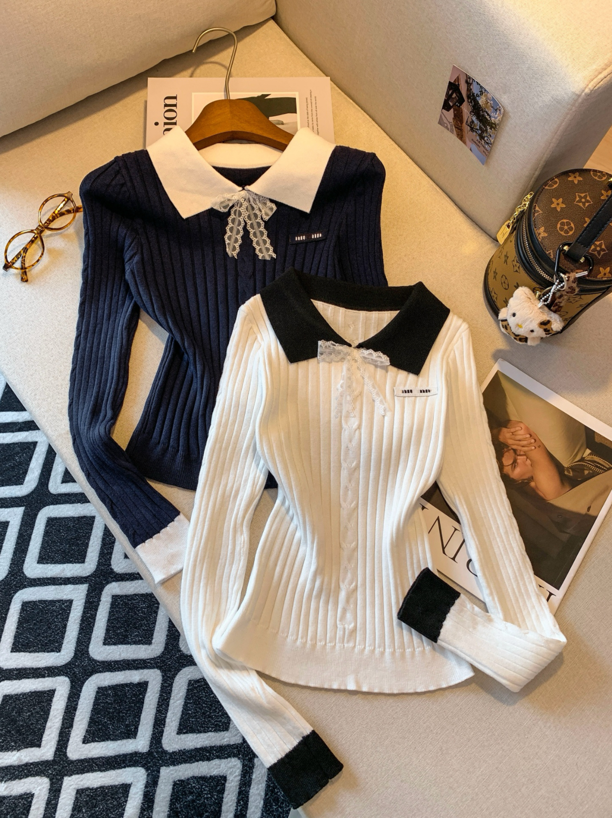 Women's Letter Embroidered Color Block Knit Pullover Sweater - Image 3