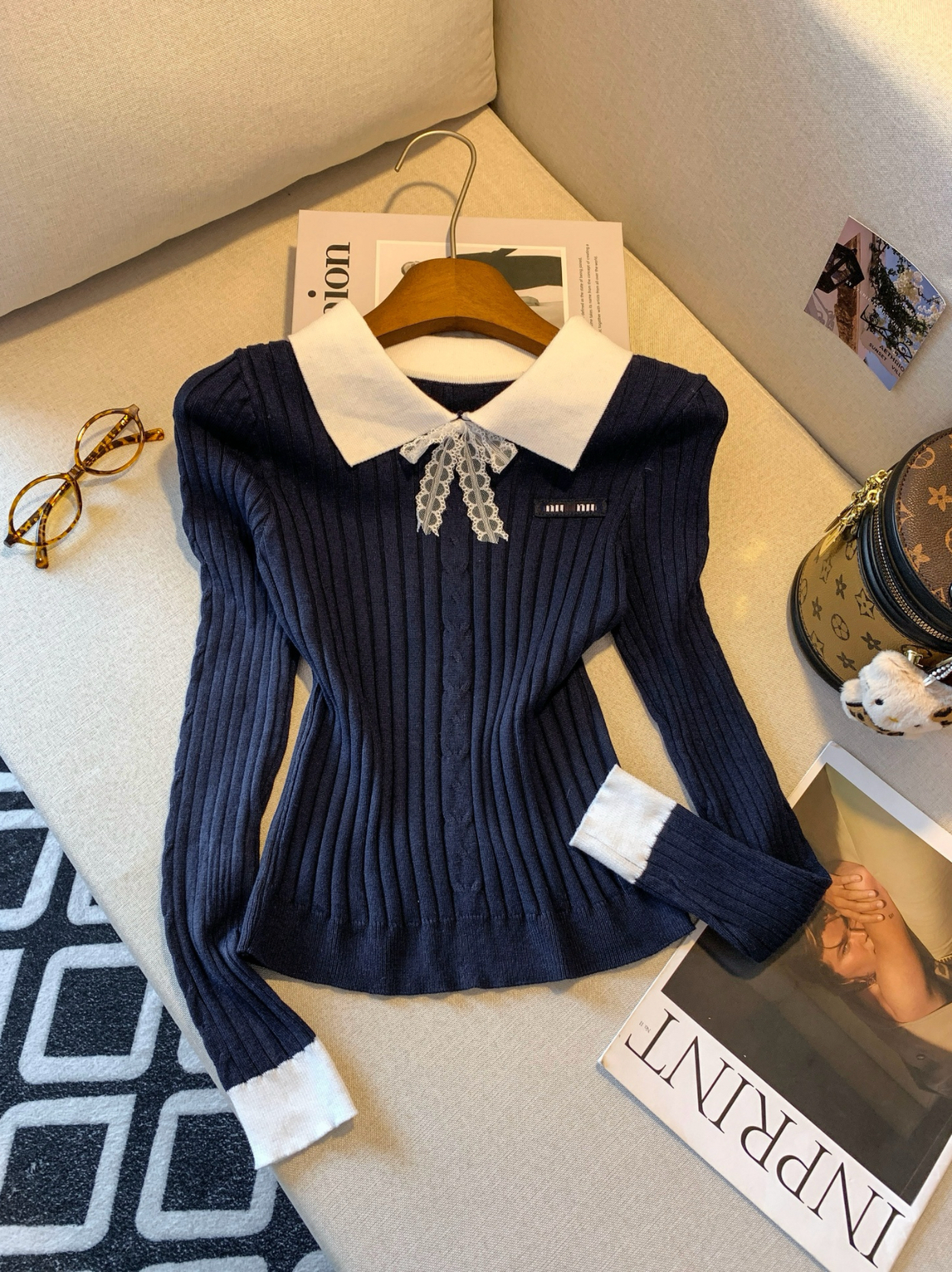 Women's Letter Embroidered Color Block Knit Pullover Sweater - Image 4