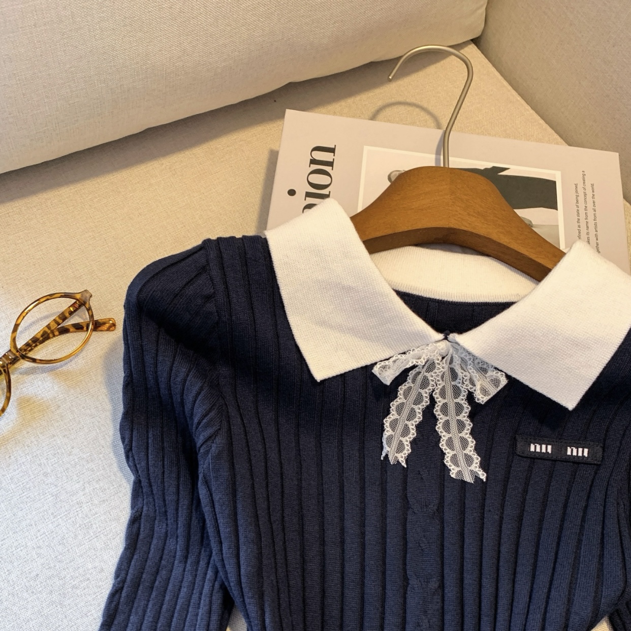 Women's Letter Embroidered Color Block Knit Pullover Sweater - Image 5