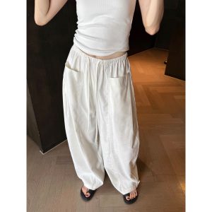 Women's Linen Cotton Casual Pants 2025 Summer Elastic Waist Drawstring Straight Wide Leg
