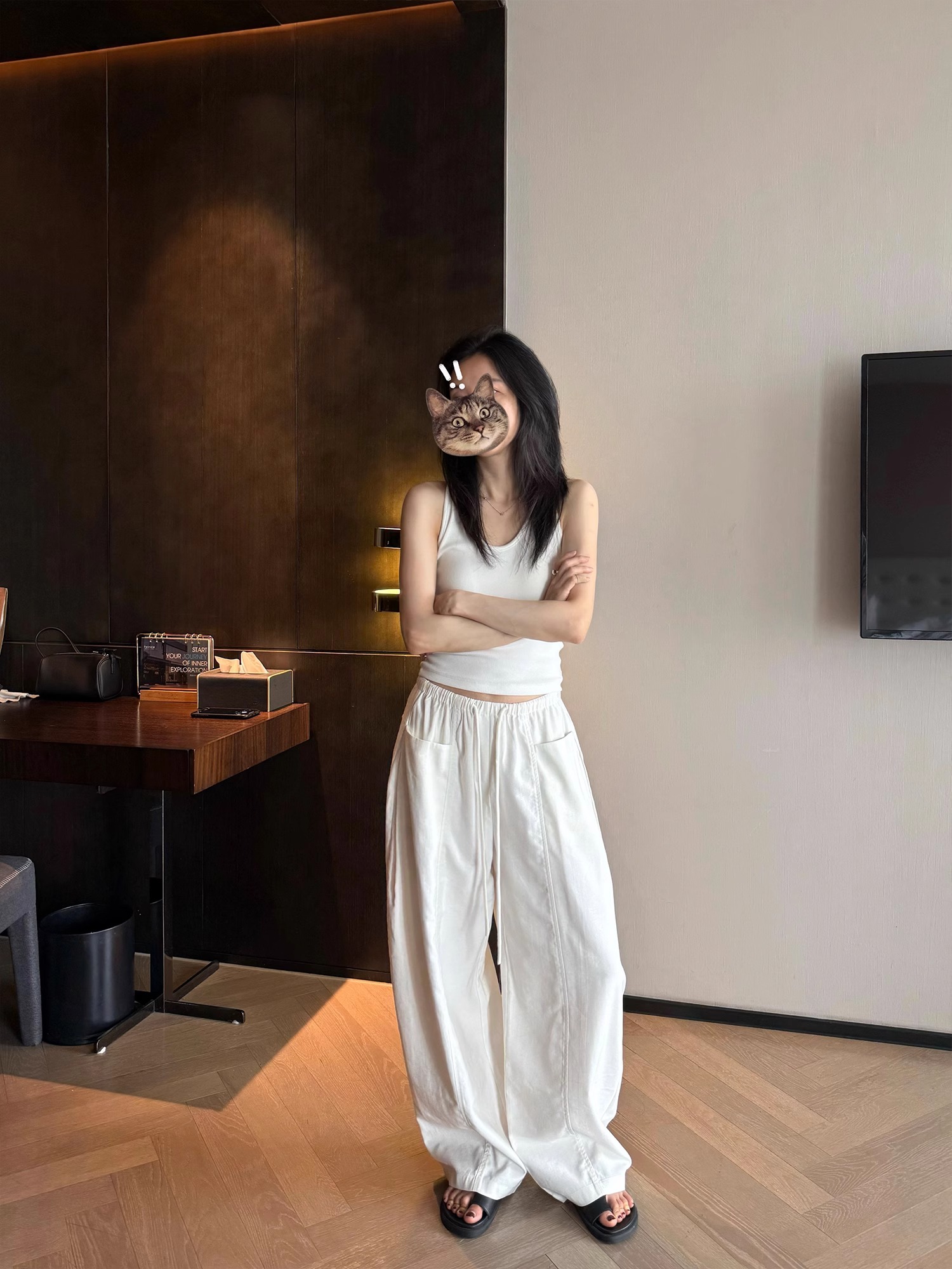 Women's Linen Cotton Casual Pants 2025 Summer Elastic Waist Drawstring Straight Wide Leg - Image 2