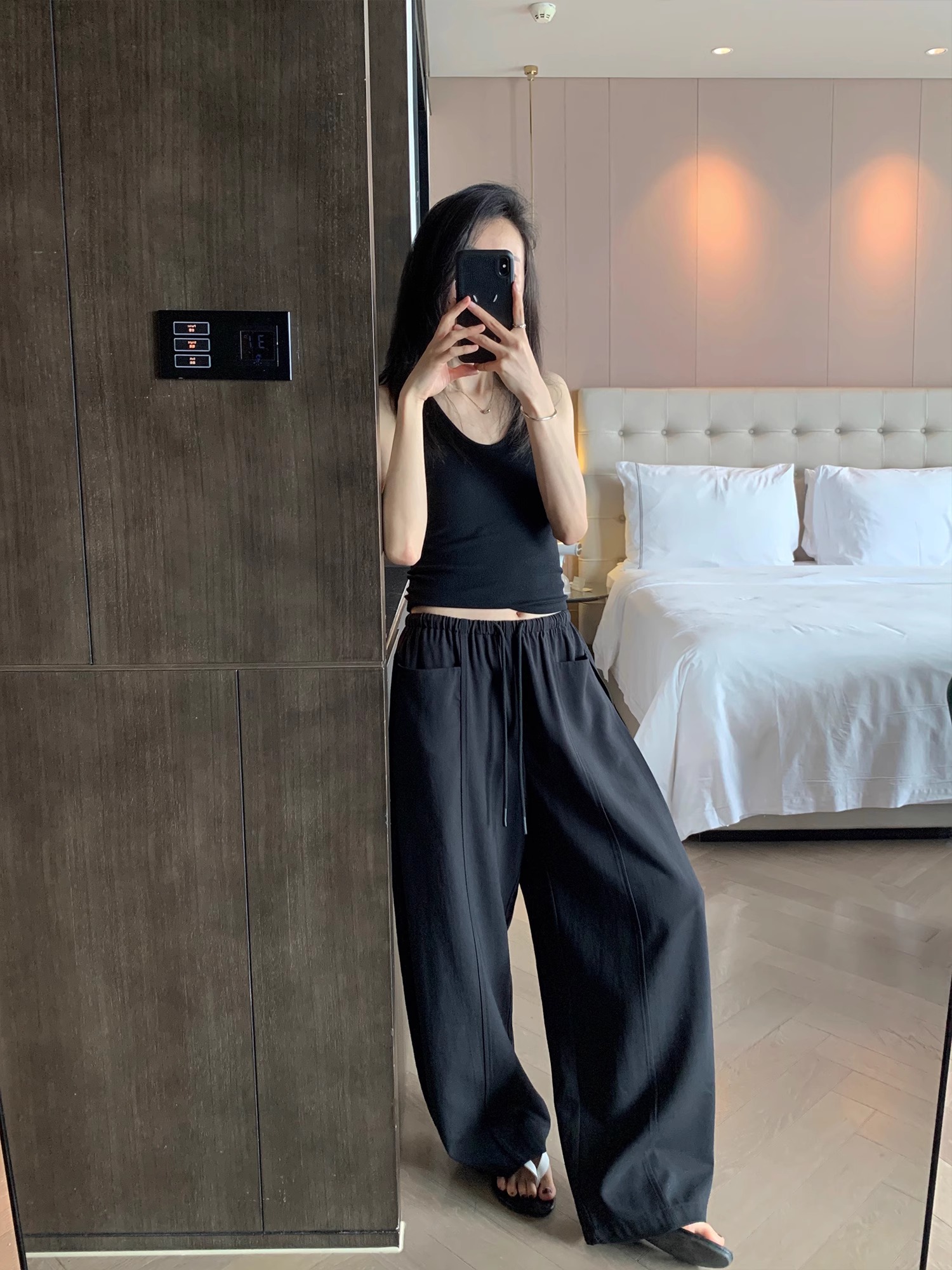 Women's Linen Cotton Casual Pants 2025 Summer Elastic Waist Drawstring Straight Wide Leg - Image 3