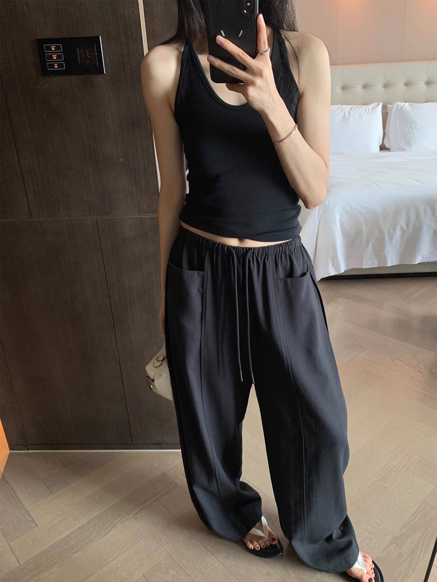 Women's Linen Cotton Casual Pants 2025 Summer Elastic Waist Drawstring Straight Wide Leg - Image 4