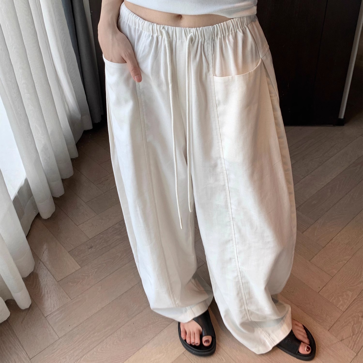 Women's Linen Cotton Casual Pants 2025 Summer Elastic Waist Drawstring Straight Wide Leg - Image 5