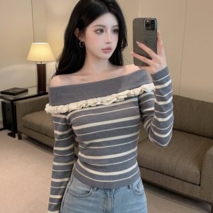 Women's Off-Shoulder Striped Knit Top Slim Fit Pullover