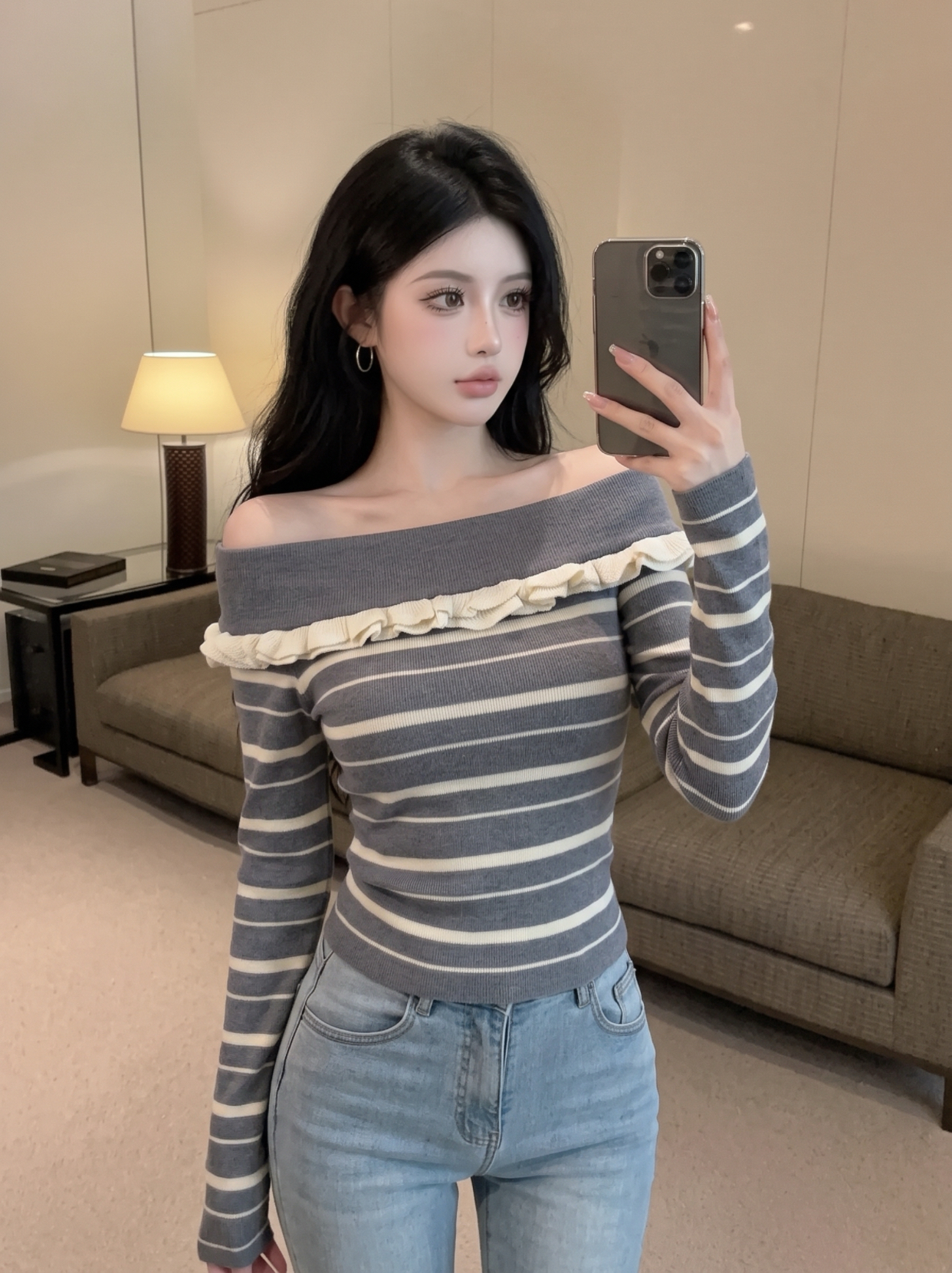 Women's Off-Shoulder Striped Knit Top Slim Fit Pullover