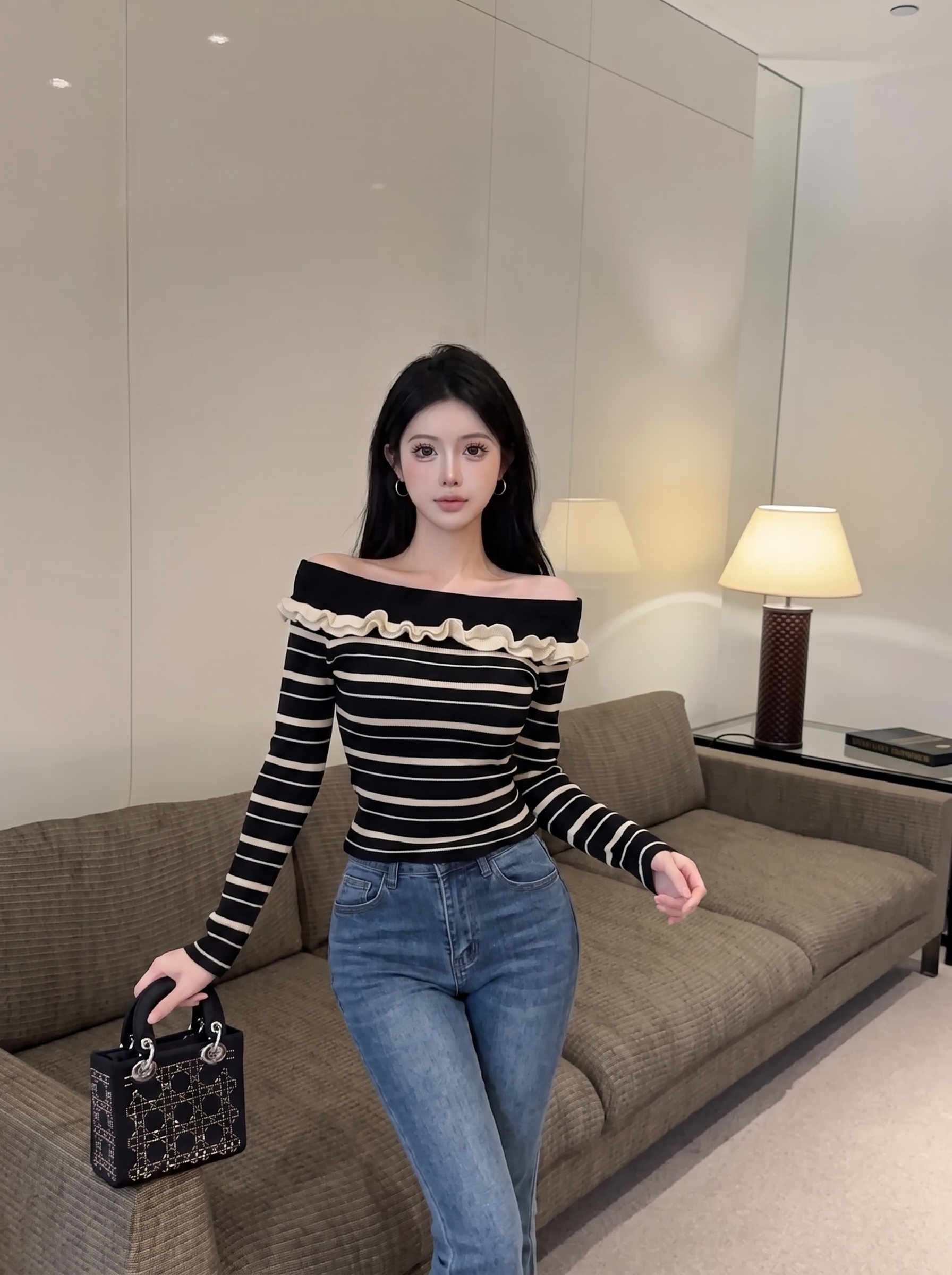 Women's Off-Shoulder Striped Knit Top Slim Fit Pullover - Image 2