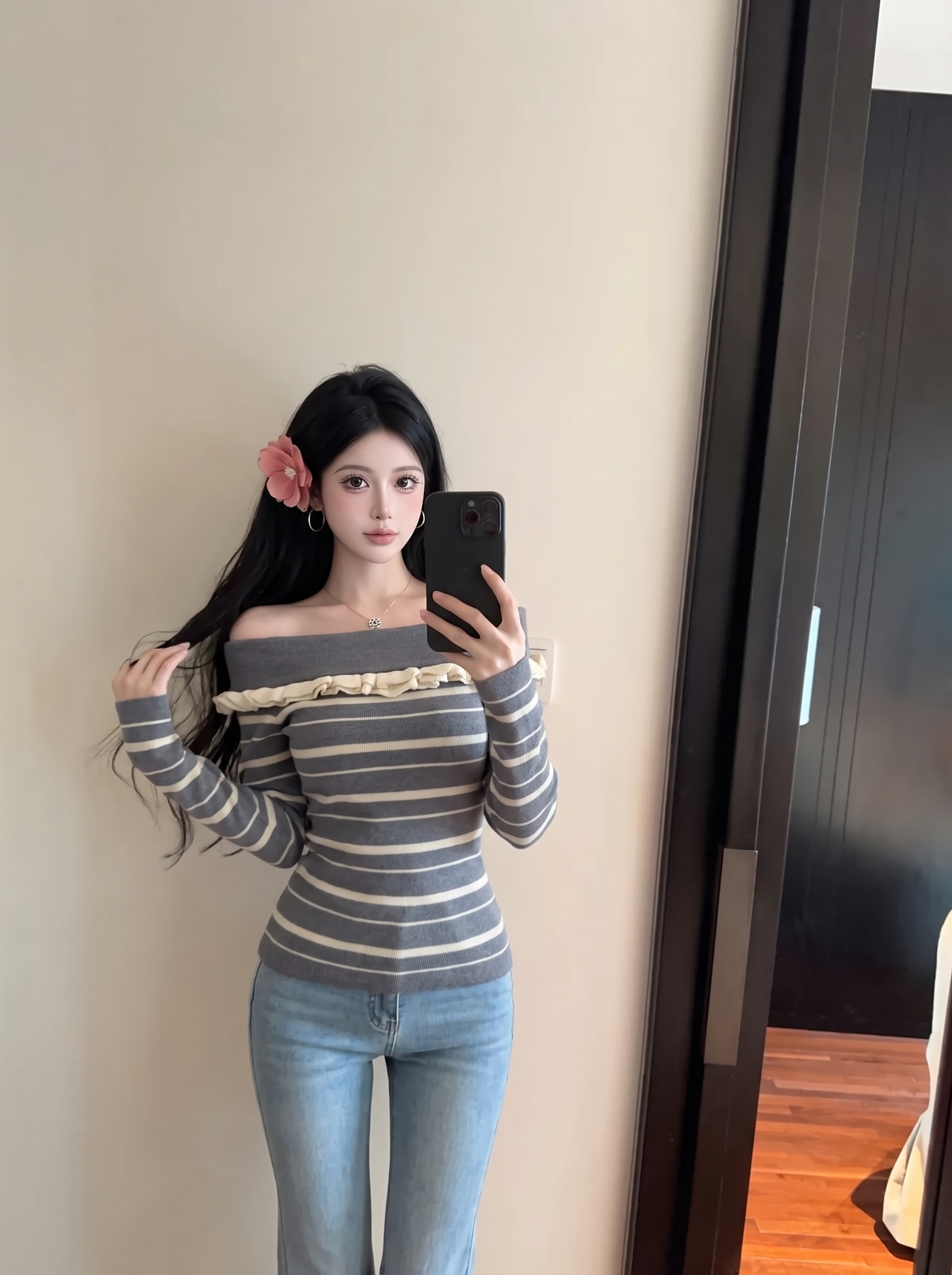 Women's Off-Shoulder Striped Knit Top Slim Fit Pullover - Image 3