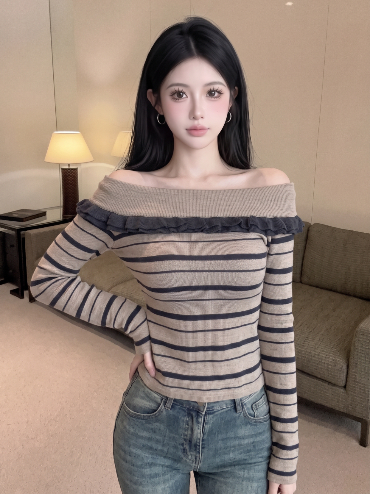 Women's Off-Shoulder Striped Knit Top Slim Fit Pullover - Image 4