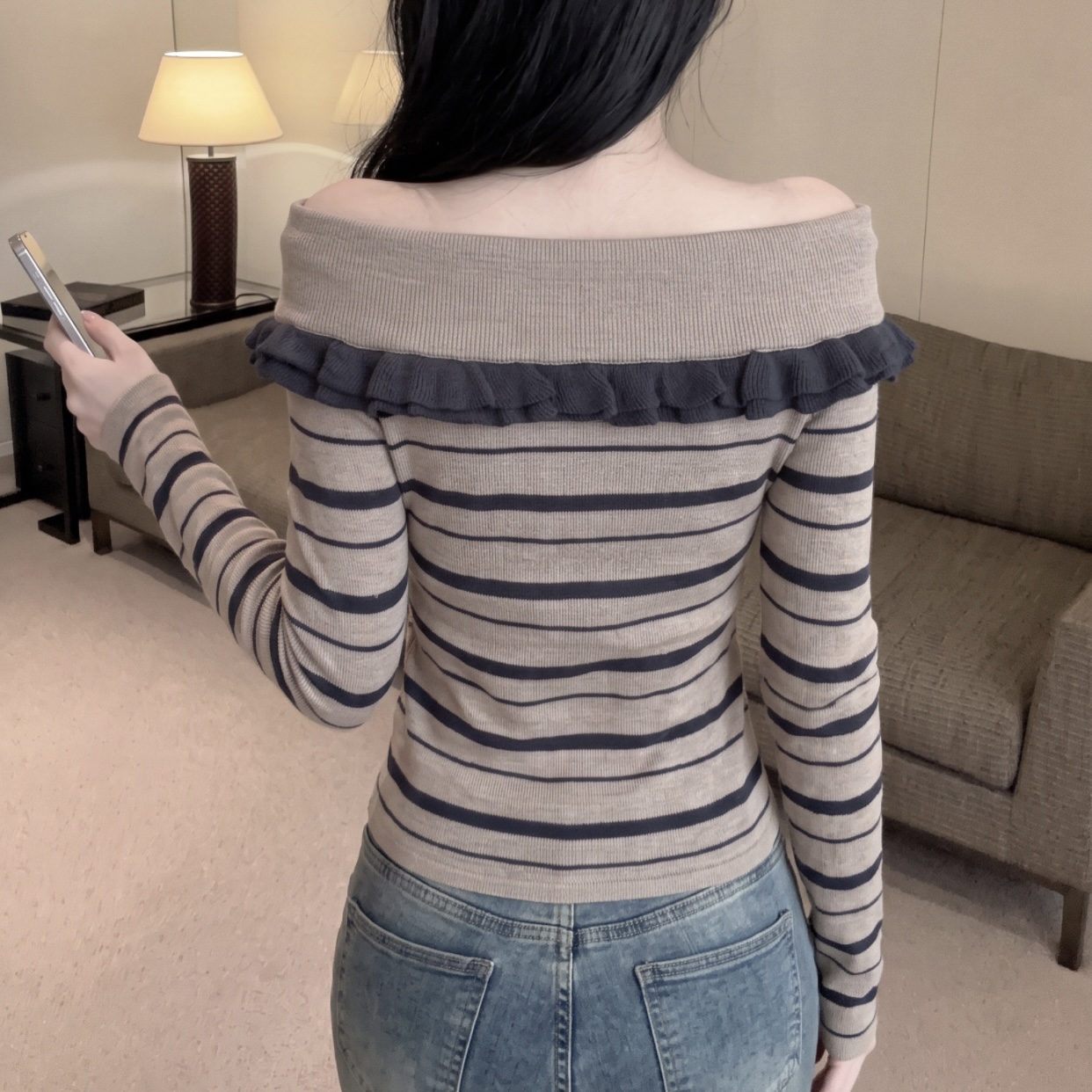 Women's Off-Shoulder Striped Knit Top Slim Fit Pullover - Image 5