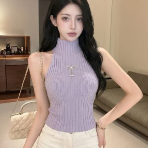 Women's Sleeveless Halter Knit Cami Top with Bow Design Slim Fit Summer 2026