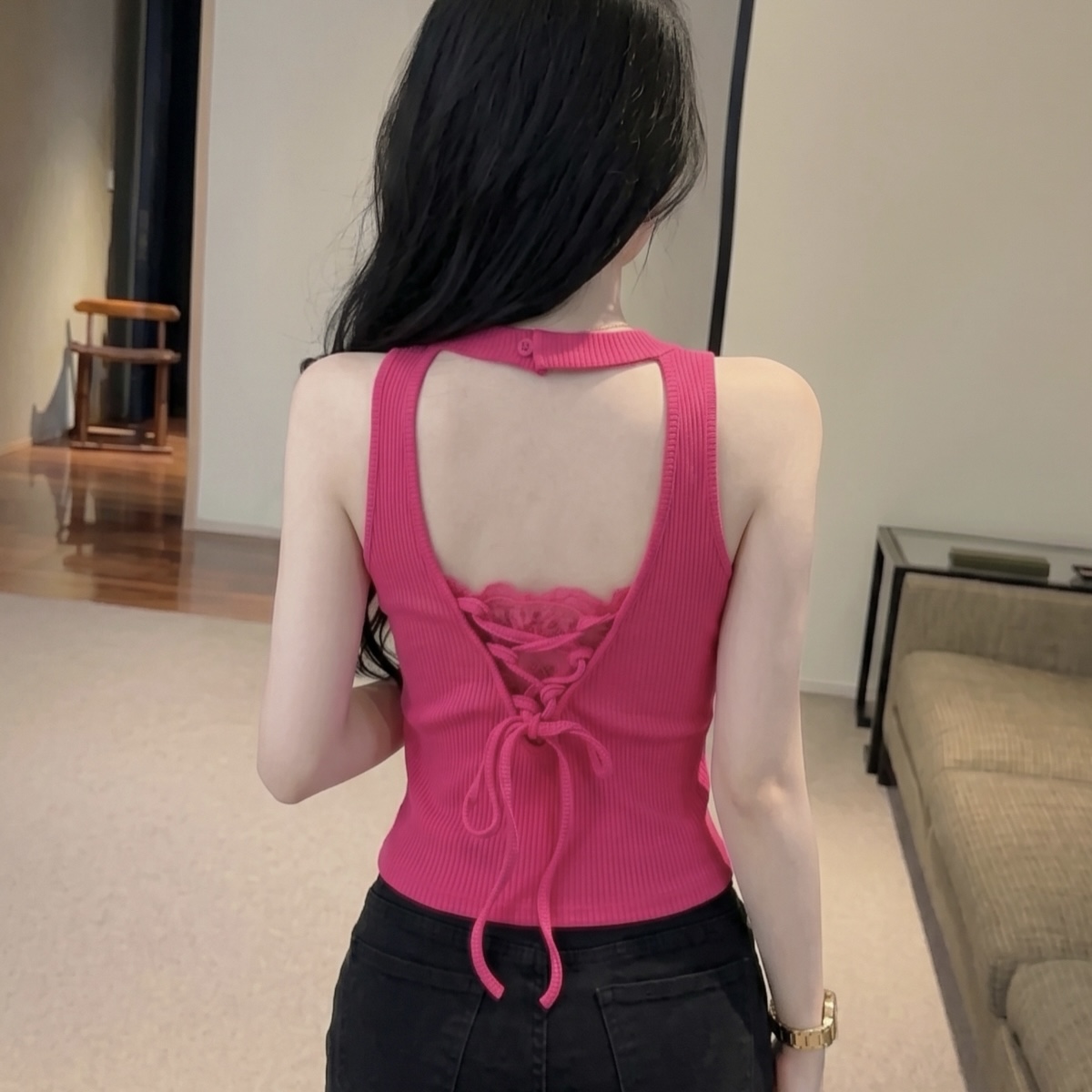 Women's Slim Fit Backless Halter Tank Top with Built-in Bra Pads - Image 5