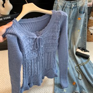 Women's Square Neck Long Sleeve Ribbed Knit Sweater with Lace-Up Waist